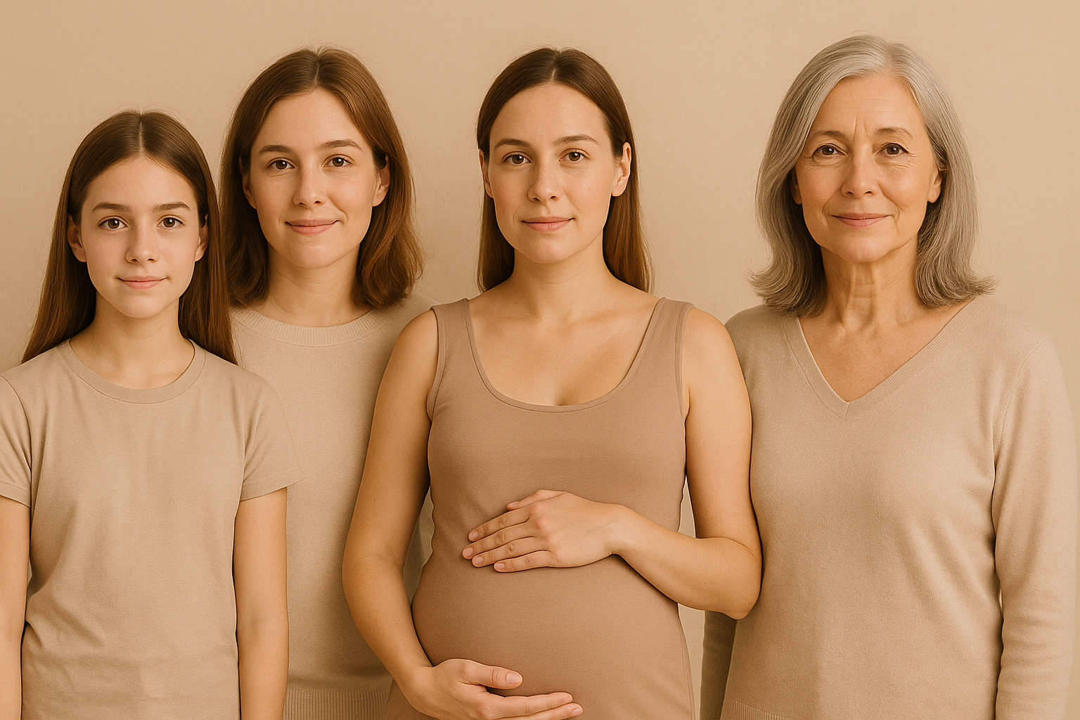 Mulheres em fases da vida: adolescência, menacme, perimenopausa e pós menopausa.