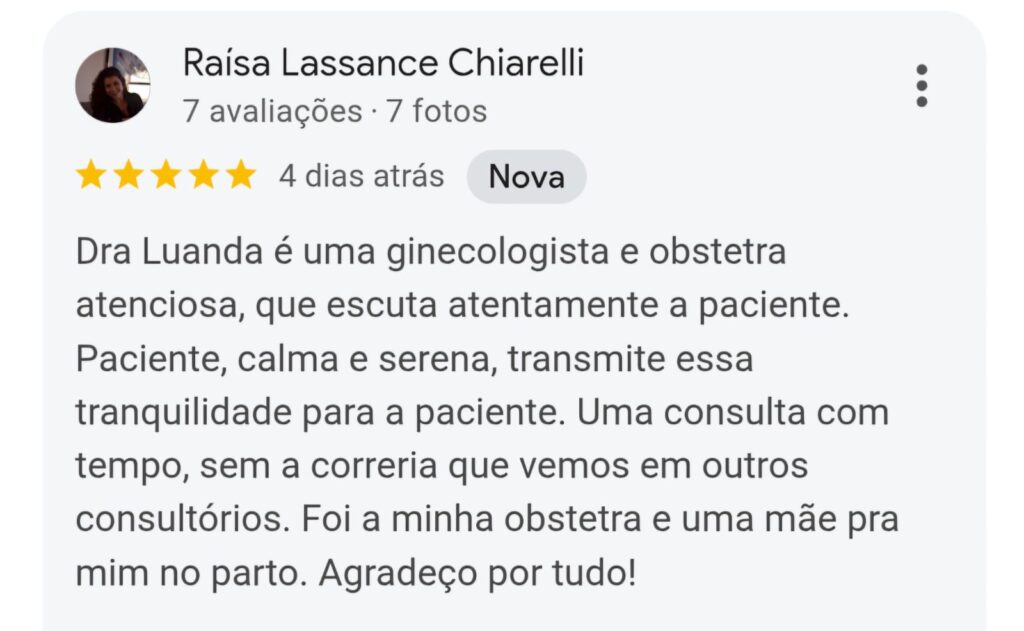 Avaliação de paciente dando 5 estrelas no google.