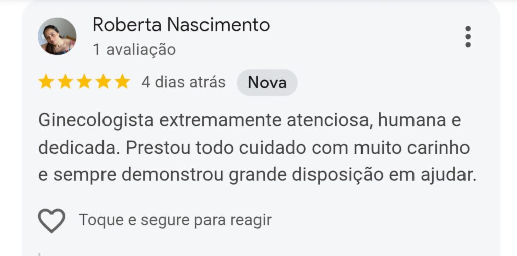 Avaliação de paciente no Google dando 5 estrelas pelo atendimento.
