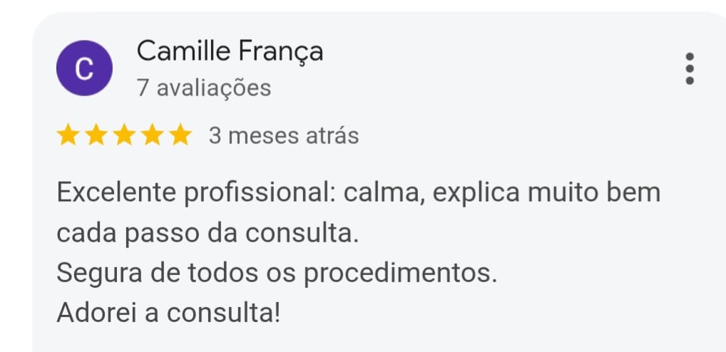 Depoimento de paciente com avaliação 5 estrelas no google.