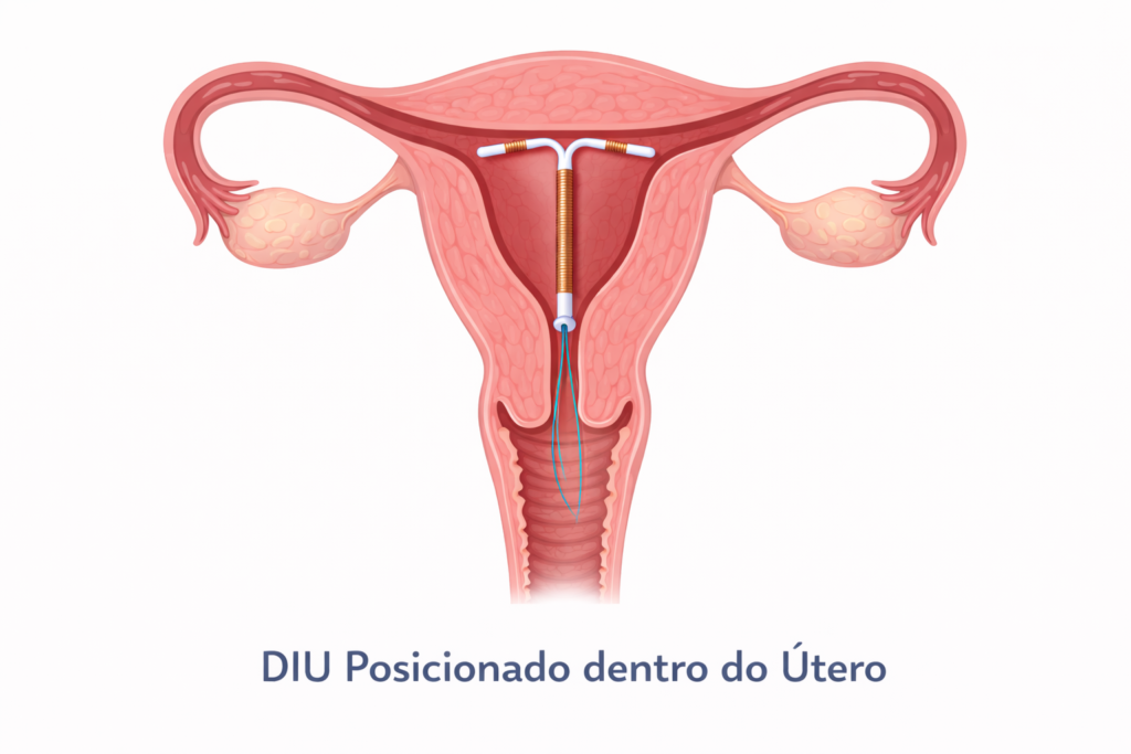 Ilustração mostrando DIU posicionado dentro do útero