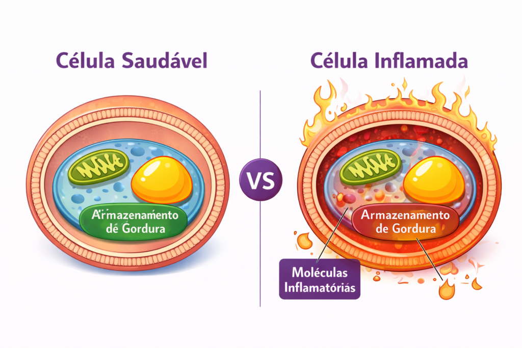 Diagrama comparando célula saudável e célula inflamada associada à resistência à insulina e dificuldade para emagrecer.