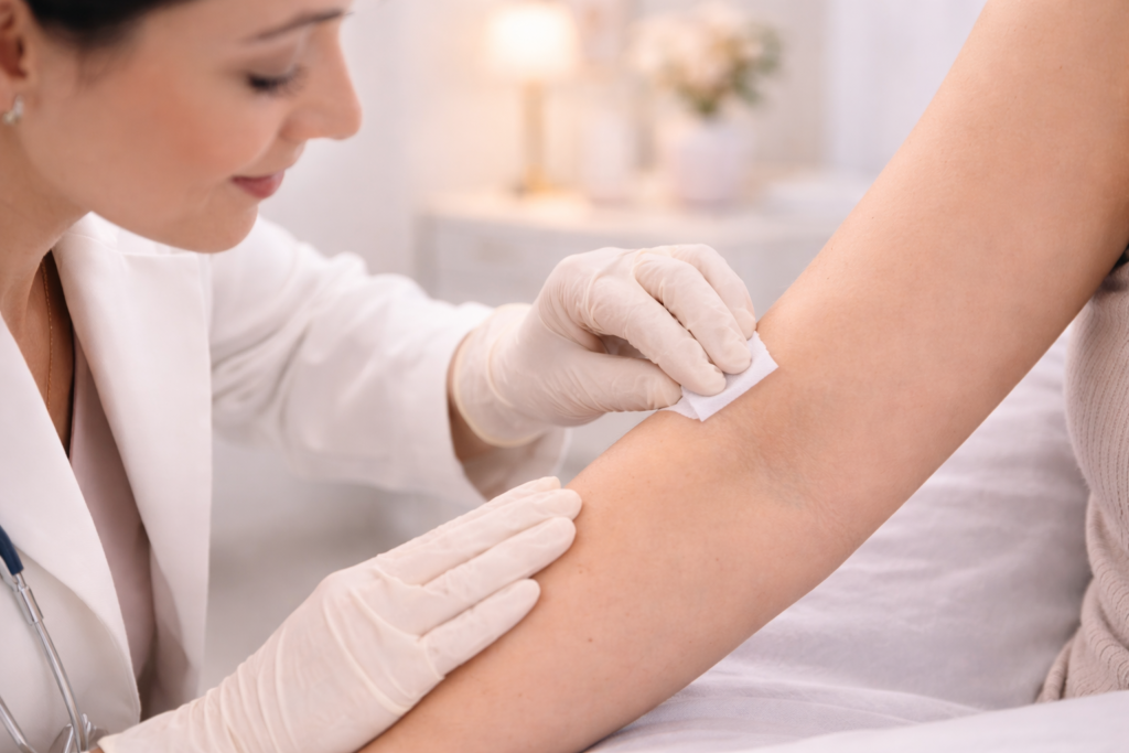 Médica ginecologista fazendo assepsia para inserção de implante contraceptivo no braço da paciente.