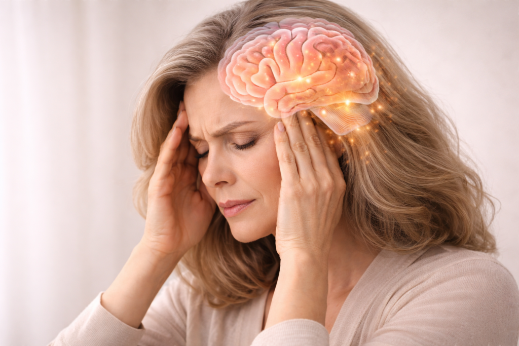Mulher de cerca de 40 anos com expressão de angústia segurando as têmporas, com ilustração translúcida do cérebro mostrando atividade neural aumentada, representando o impacto das alterações hormonais no cérebro feminino.