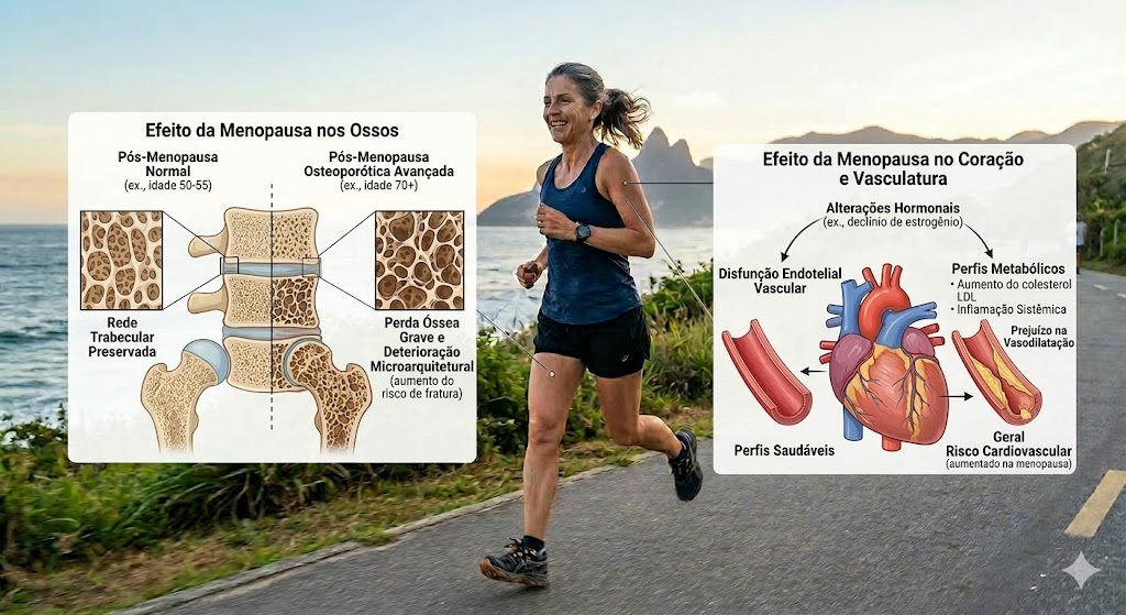 Mulher madura praticando corrida enquanto ilustrações médicas mostram ossos e coração, representando os efeitos da menopausa na densidade óssea e no risco cardiovascular feminino.