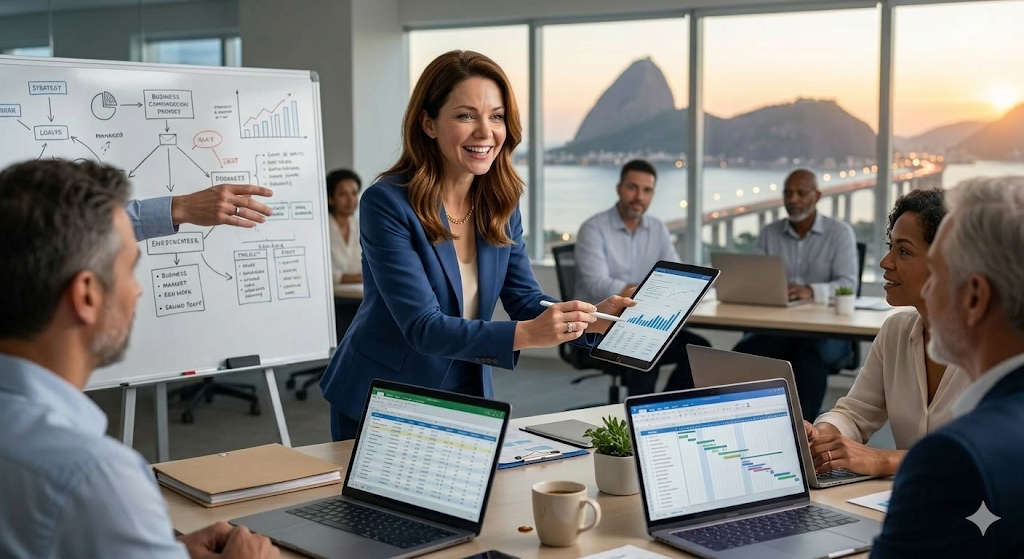 mulher na fase do climatério, em ambiente empresarial se sentindo bem, trabalhando com energia vital e atitude.