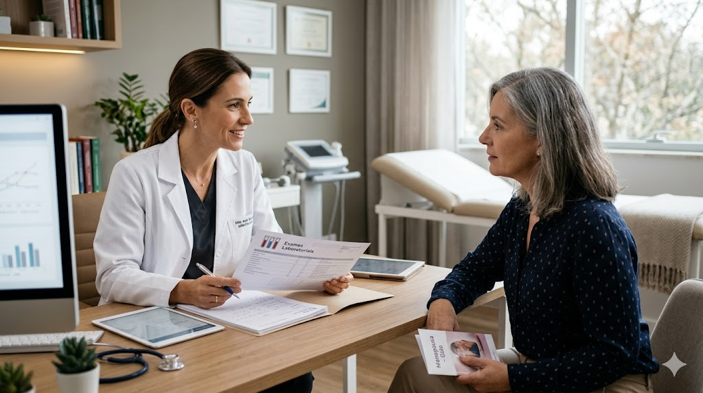 Médica ginecologista avaliando paciente de meia-idade durante consulta para investigação de sintomas da menopausa em consultório médico.