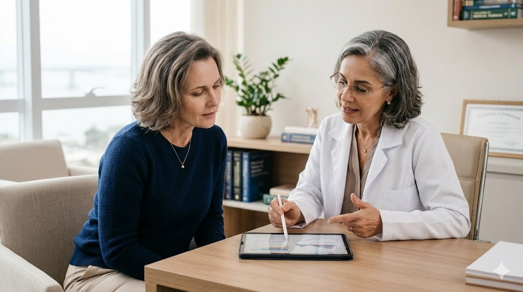 Ginecologista analisando exames com paciente de meia-idade durante consulta para definição da estratégia terapêutica na menopausa.
