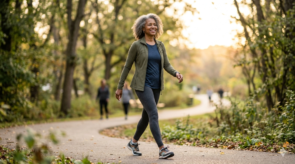 Mulher madura ativa caminhando em parque ao ar livre, representando longevidade e qualidade de vida após a menopausa.
