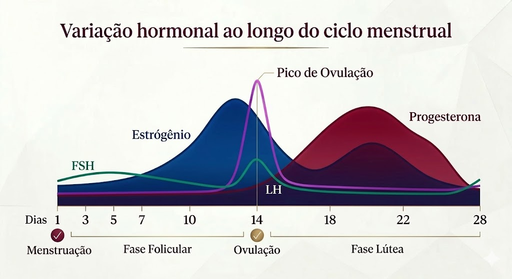 Gráfico que demonstra variação hormonal de estrogênio, progesterona, LH e FSH da mulher ao longo do ciclo menstrual.