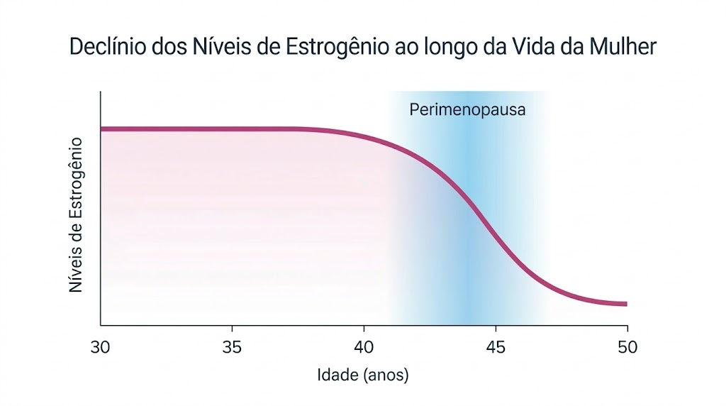 Gráfico mostrando o declínio dos níveis de estrogênio na mulher na perimenopausa.