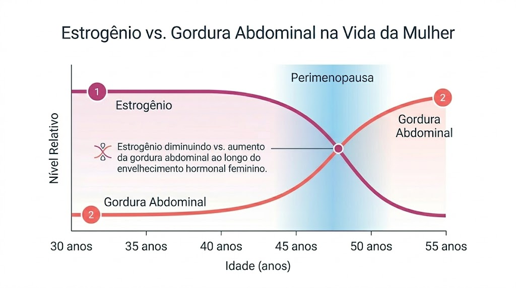 Gráfico mostrando queda do estrogênio ao longo da idade e aumento progressivo da gordura abdominal em mulheres durante a perimenopausa.