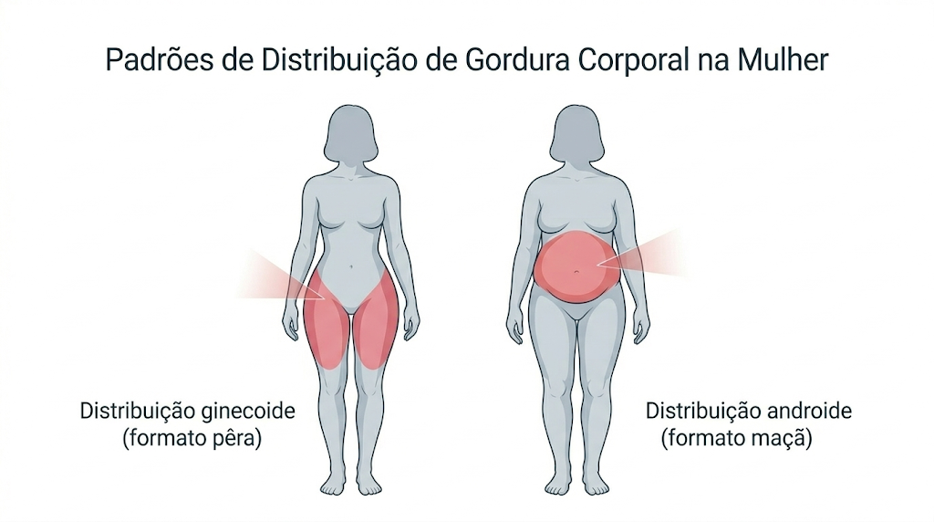Comparação entre corpo feminino em formato pêra e formato maçã mostrando diferença na distribuição de gordura corporal.